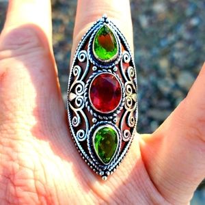 New Garnet & Peridot 925 Silver Statement Ring.